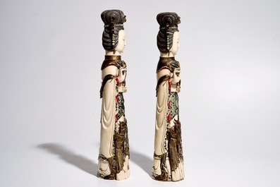 A pair of large polychrome ivory ladies with removable heads, 19/20th C.